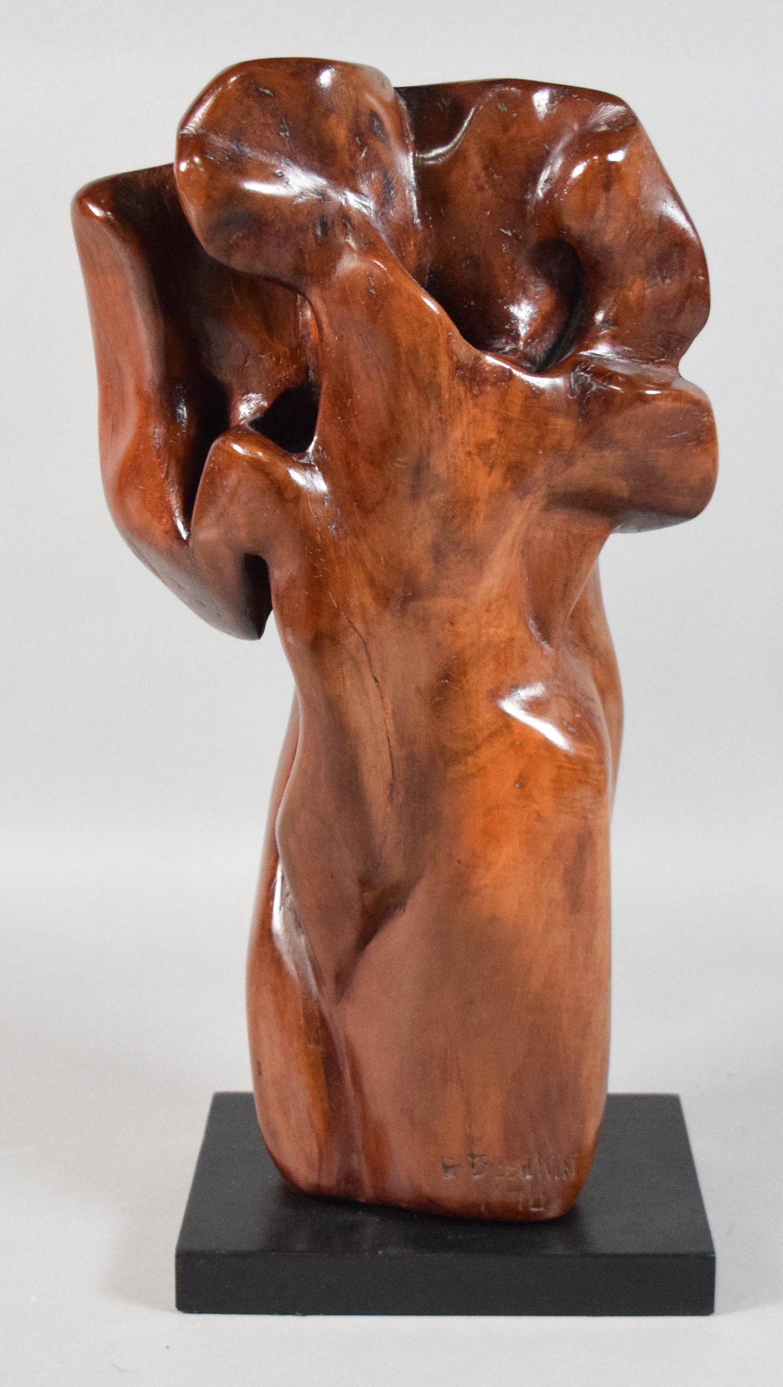 Ben Goodkin MCM Abstract Carved Wood Sculpture, 1970: Ben Goodkin (American, 20th Century). Mid-Century Modern abstract carved wood sculpture. Biomorphic form consisting of smooth contours and deep pierced openings. Signed on the base B Goodkin '70. 21" 