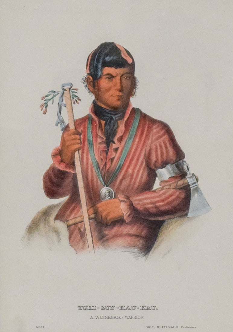 McKenney and Hall Lithograph Winnebago Warrior: Hand-colored lithograph, Winnebago Warrior. Plate No. 23 from the series History of the Indian Tribes of North America by Thomas McKenney and James Hall. Rice, Rutter & Co. 9 1/2" x 7" sight size,