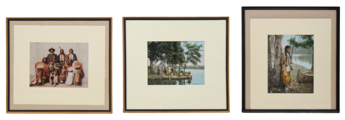 3 Native American Photocrom Prints Detroit Photo: Group of 3 Native American photocrom prints by Detroit Photographic Co including Ute Chief Sevara and Family, Minnehaha 1904, and The Return of the Hunters 1904. All matted and framed with Detroit Pho