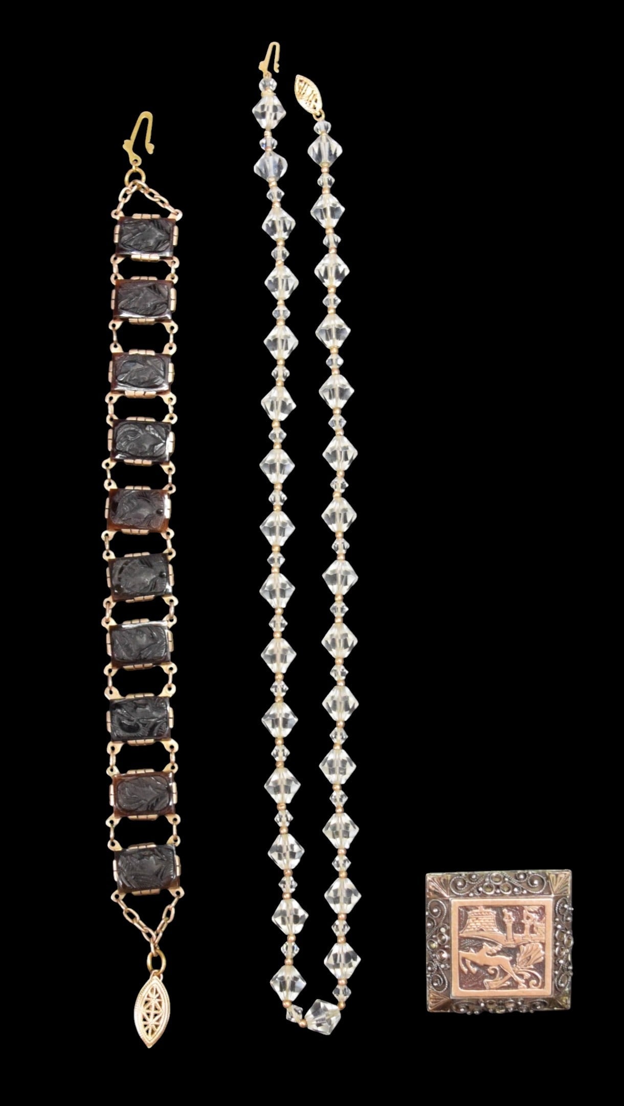 3 Pieces Jewelry 10K, 14k & Silver: 3 pieces gold and silver jewelry. 10k gold and glass bracelet, 7 1/4"L, 17.8 grams total; glass bead and 14k gold necklace, 17"L, 20.1 grams total; silver brooch, unmarked, acid tested, 1 1/