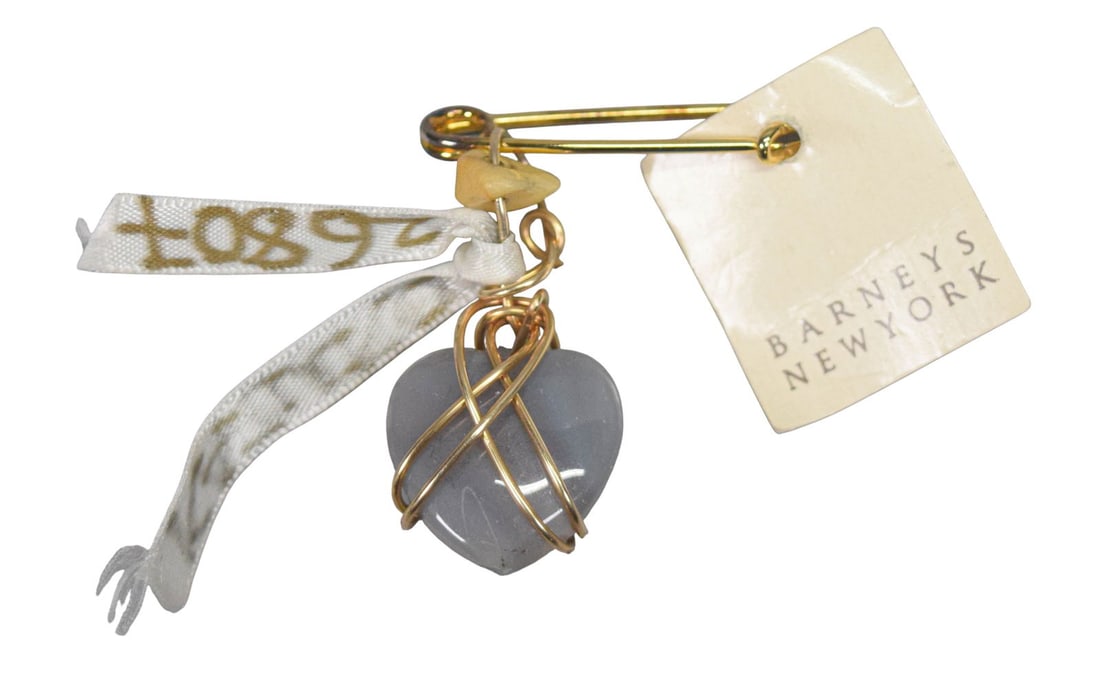 Kazuko Oshima for Barney's Heart Pin: Kazuko Oshima for Barney's New York. Hardstone heart wrapped with gold filled wire. With ribbon signed Kazuko and numbered 26807, and original Barney's tag. 1 1/2".