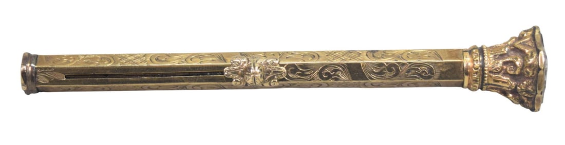 9k Gold Retractable Pen / Pencil Combination: 9k gold retractable pencil / dip pen combination. With Waterman's gold nib. Unmarked. Acid tested. 13.2 grams total. 3 1/2"L.