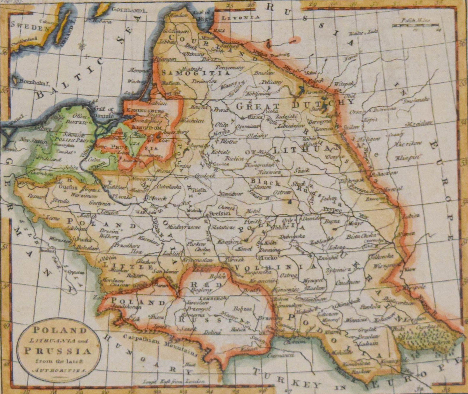 Poland Lithuania and Prussia Map: Poland Lithuania and Prussia, hand colored map, later reproduction of the original c. 1790. 7 1/2" x 9" (with frame 12 1/8" x 13 1/2"). 2 vertical printer's creases.