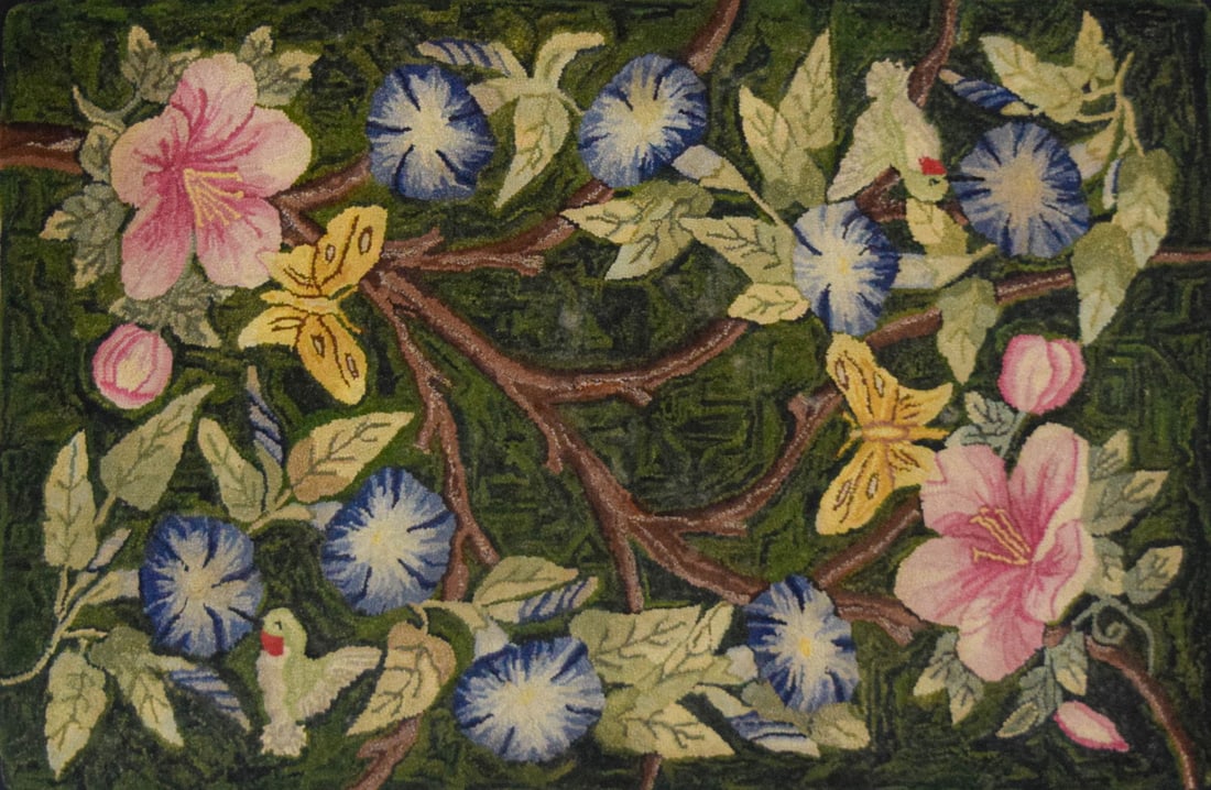 Folk Art Hooked Rug Hummingbirds & Butterflies (1 of 6)