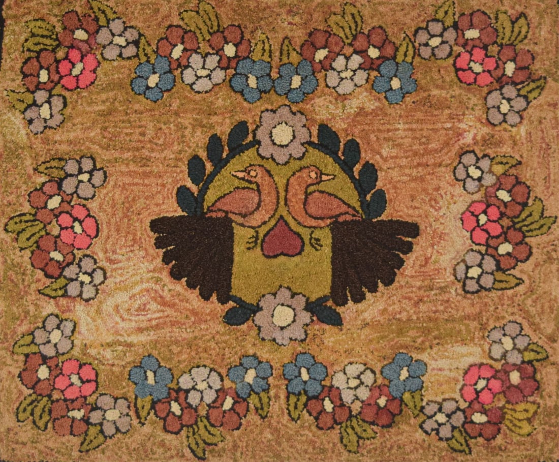 Folk Art Hooked Rug Birds With Flowers: Folk art hooked rug, pair of birds with heart and flowers. Mounted to wood frame 37" x 44".