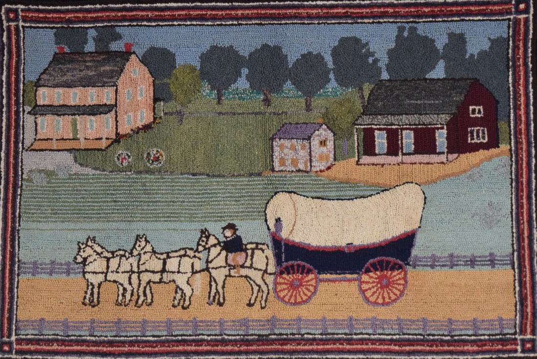 American Folk Art Hooked Rug With Farm: American folk art, hooked rug with farm and covered wagon. Mounted to frame. 31" x 46".