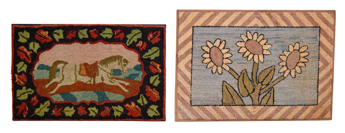 2 Folk Art Hooked Rugs, Sunflowers & Horse (1 of 16)