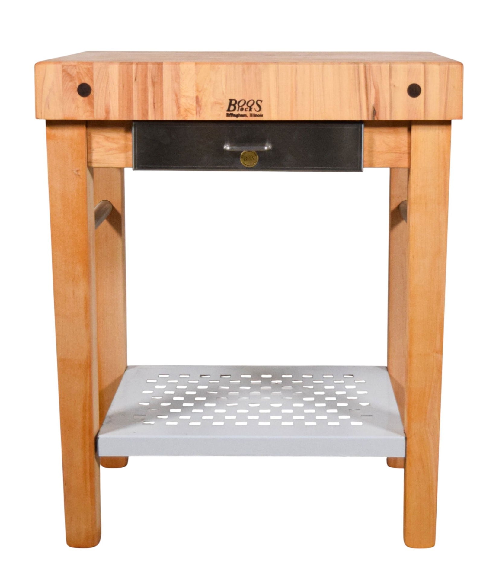 John Boos Butcher Block: John Boos butcher block. Wooden butcher block top and legs, lower metal shelf, stainless front drawer. Marked Boos Block. 36 1/4"H x 30"W x 24"D. Scratches and paint loss to lower metal