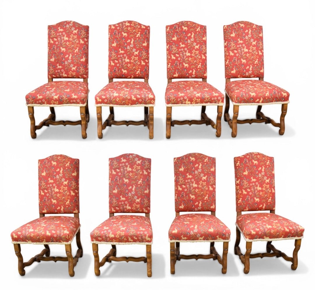 Set of 8 French Provincial Style Os de Mouton Side Chairs: Set of eight French Provincial style side chairs with "os de mouton" shaped frames and upholstery in the style of the medieval Unicorn Tapestries. Each chair features a high, rectangular upholstered b