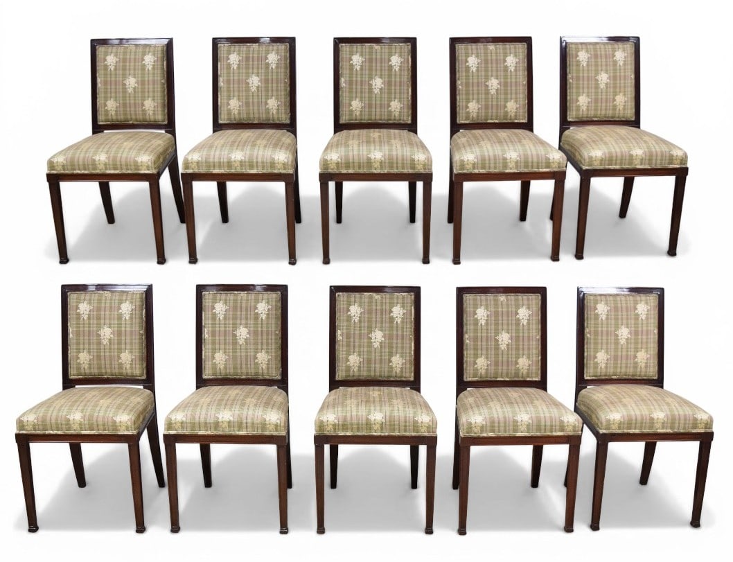 10 Neoclassical Style Hardwood Dining Side Chairs: Set of 10 Neoclassical style side chairs. Hardwood frames with plaid and floral upholstery. Tapered front legs and saber rear legs. 35 1/2" H x 18" W x 20" D ; 18 1/2" seat height.