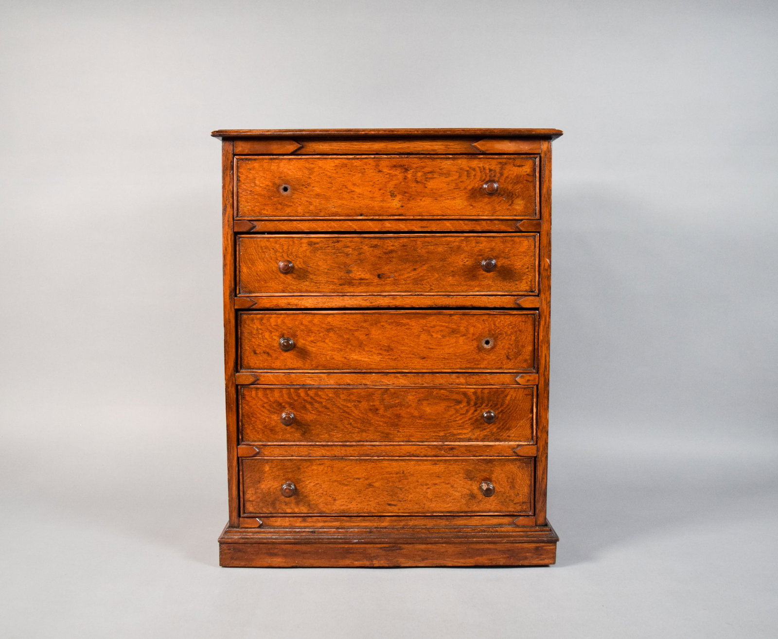 Victorian Specimen Cabinet: Victorian specimen cabinet with five drawers. Drawers fitted with turned knobs; two are missing. 21" H x 16 1/2" W x 11" D.