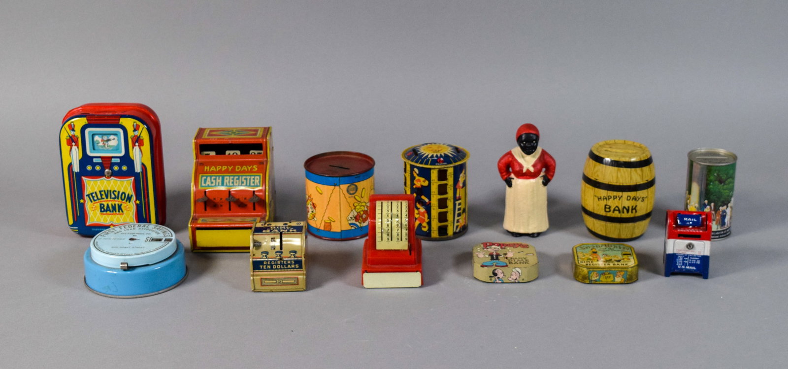 Group of 13 Vintage Lithographed Tin and Cast Metal Toy Coin Banks (1 of 14)
