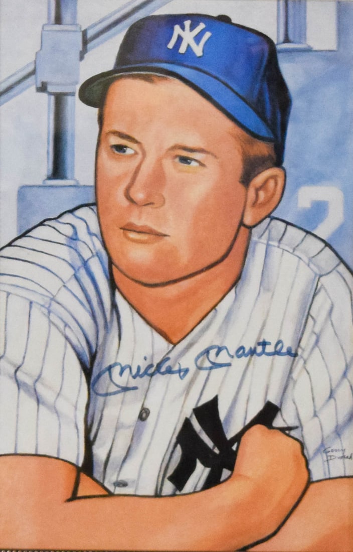 Mickey Mantle Signed Portrait Lithograph: Lithograph portrait of Mickey Mangle based on original work by artist Gerry Dvorak. Signed by Mickey Mantle in blue marker. Signed by artist in the lower right. Includes COA from Authentic Autograph I