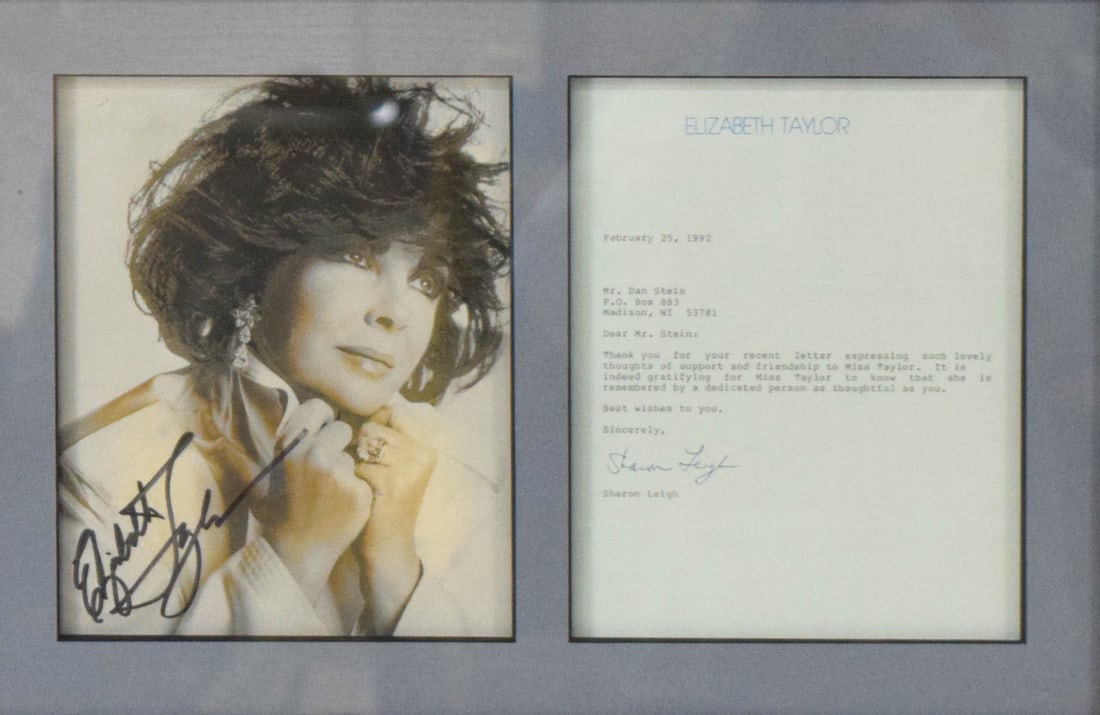 Elizabeth Taylor Autograph Display: Elizabeth Taylor autograph display with a sepia-toned photograph and a typed letter on personalized stationery. Photograph signed in black marker in the lower left. 15" x 21 1/4"
