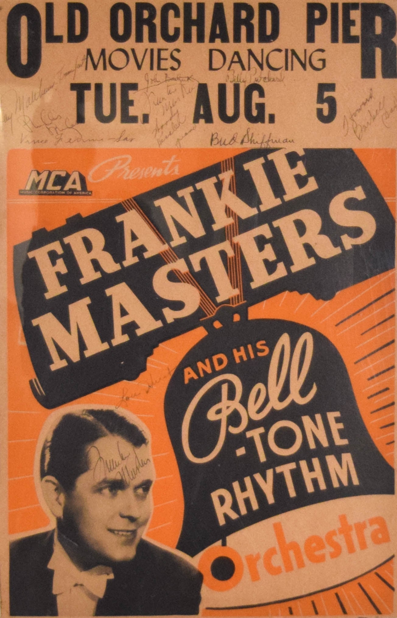 Frankie Masters Old Orchard Pier Poster 1941: Vintage signed Old Orchard Pier concert window card poster, Old Orchard Beach, Maine. Frankie Masters and His Bell-Tone Rhythm Orchestra, August, 1941. Signed by Masters and orchestra members. 20 5/8"