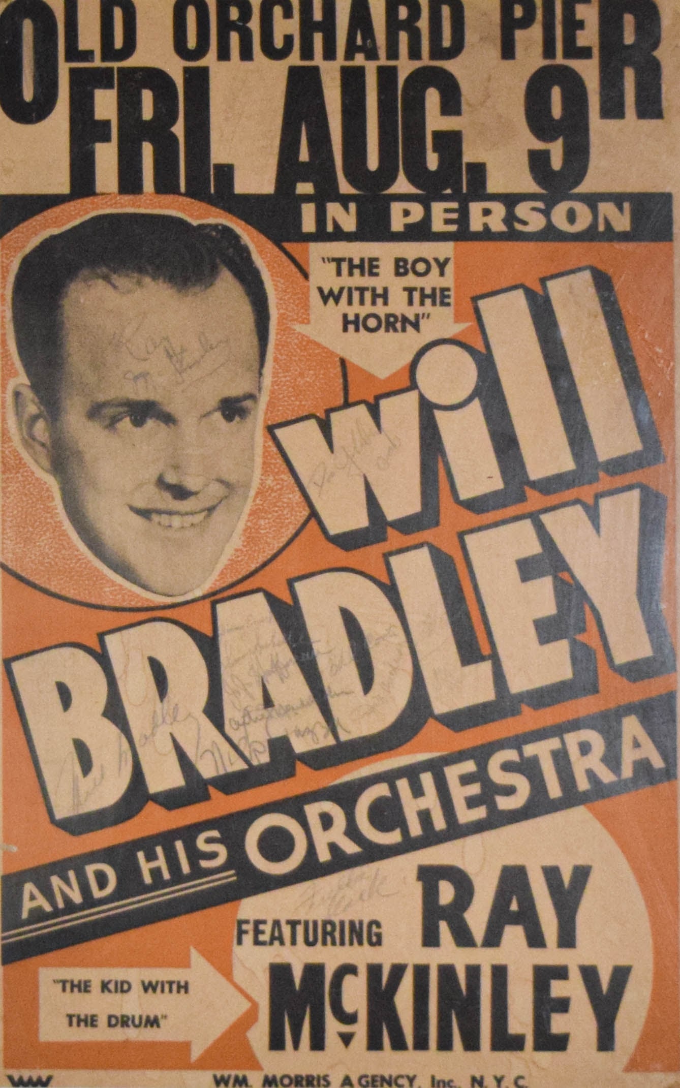 Will Bradley Old Orchard Pier Poster 1940: Vintage signed Old Orchard Pier concert window card poster, Old Orchard Beach, Maine. Will Bradley and His Orchestra, c. 1940. Signed by Bradley and orchestra members. 21" x 13 1/4" (with frame 28 1/2