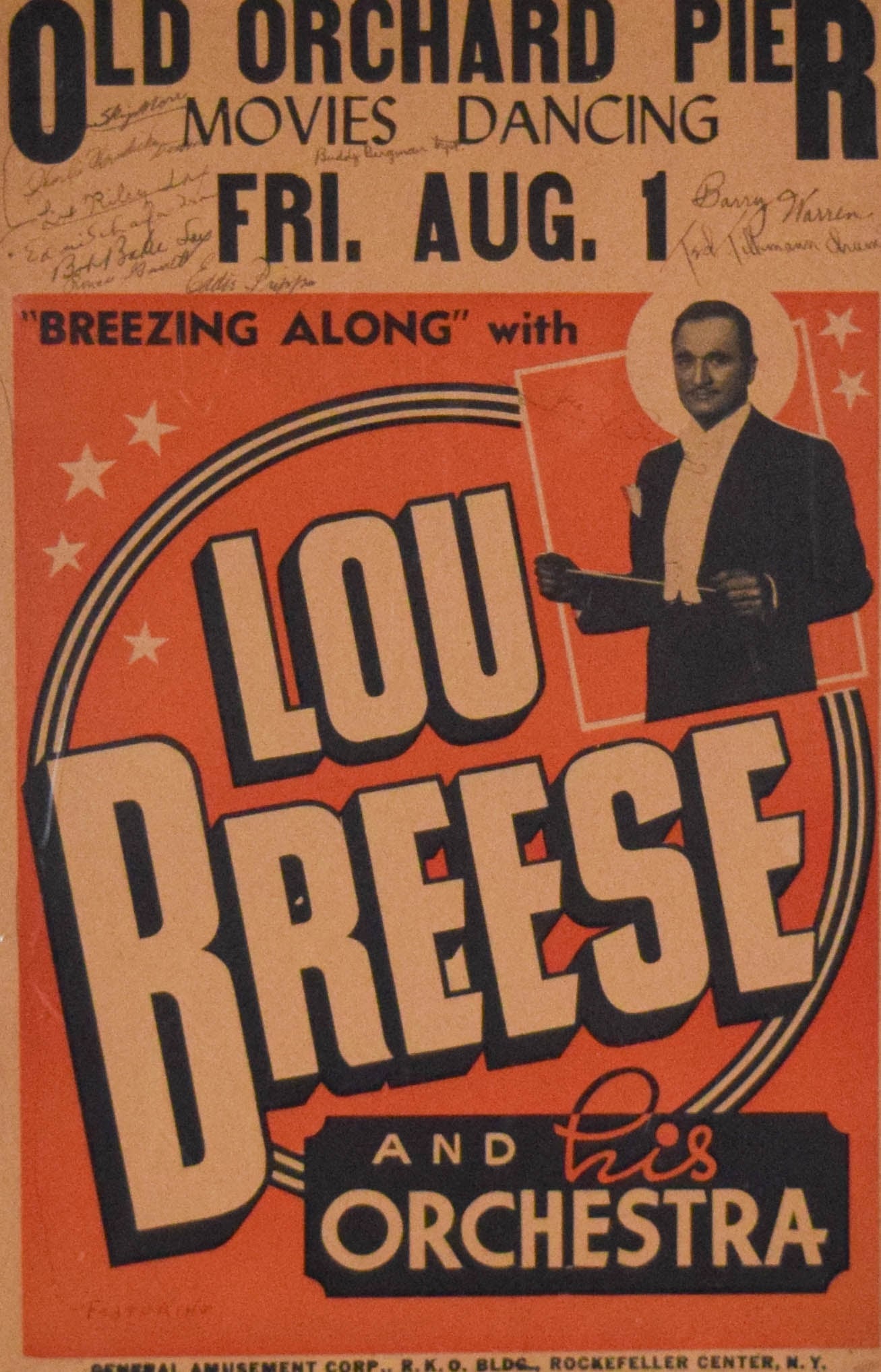 Lou Breese Old Orchard Pier Poster 1941: Vintage signed Old Orchard Pier concert window card poster, Old Orchard Beach, Maine. Lou Breese and His Orchestra, 1941. Signed by Breese and orchestra members. 20 3/4" x 13 1/2" (with frame 28 1/2" 