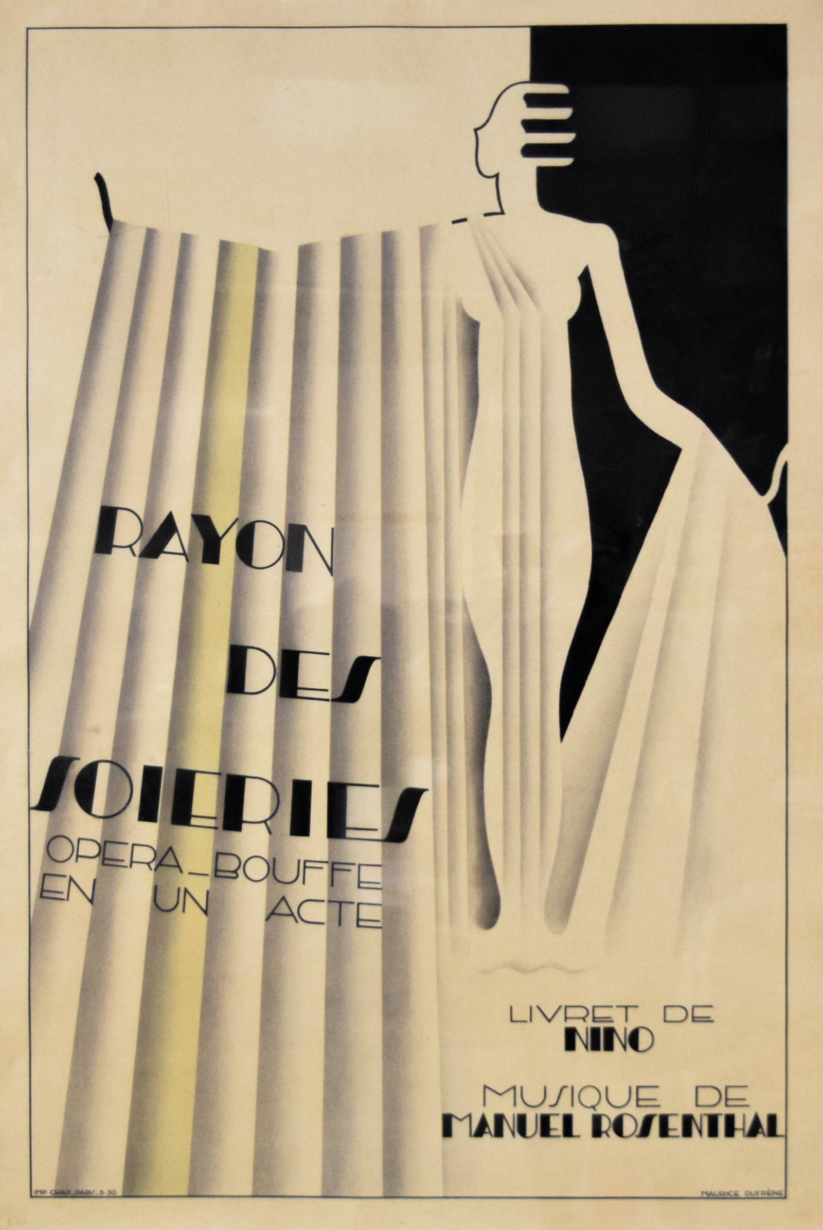 Maurice Dufrene Art Deco Poster Rayon des Soieries 1930: Rayon des Soieries (The Silk Department) Art Deco advertising poster designed by Maurice Dufrene. 49" x 33" sight size, 51 1/2" x 36" with frame.