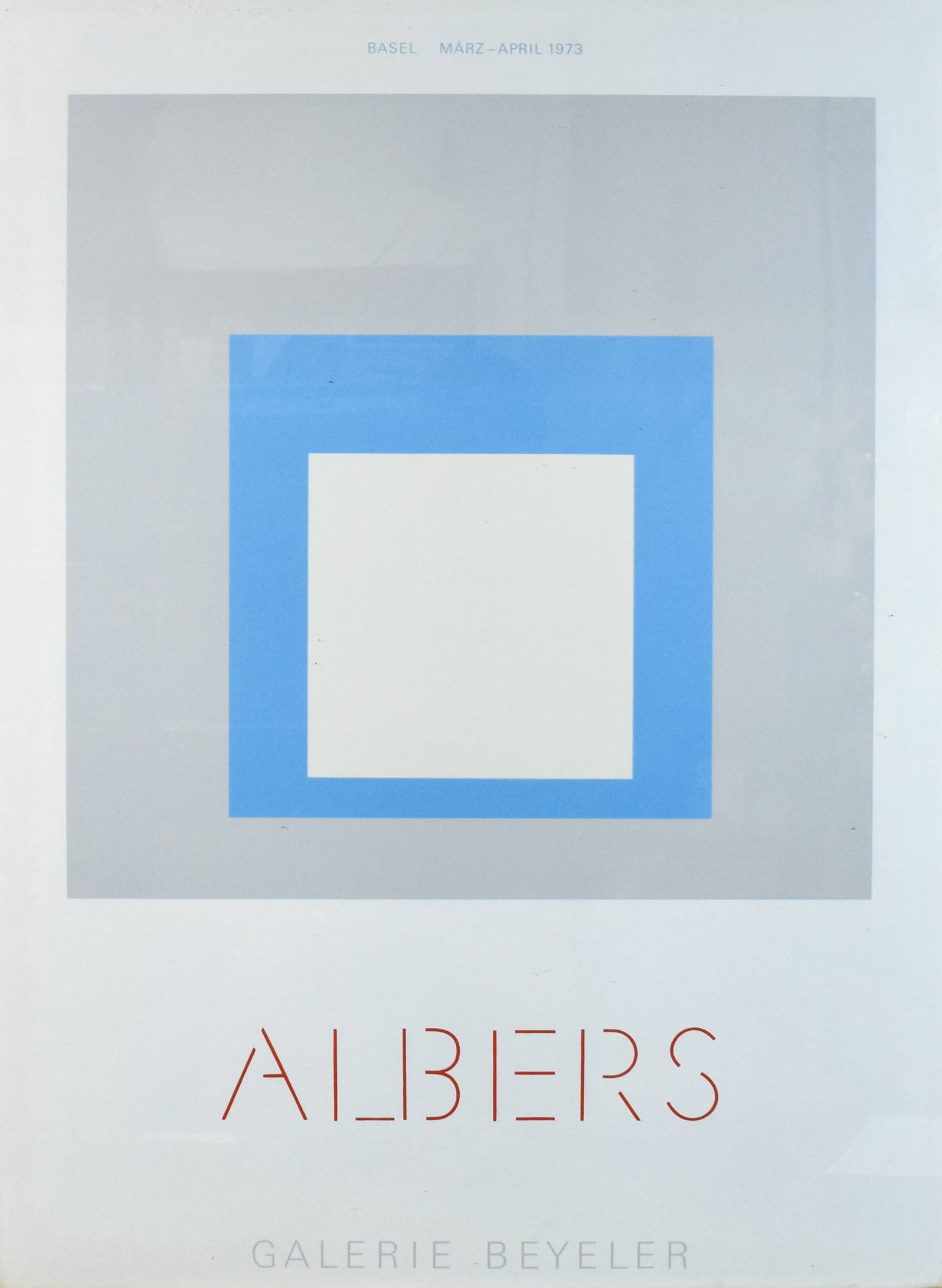 Josef Albers Galerie Beyeler Exhibition Poster, Basel 1973: Josef Albers exhibition poster for Galerie Beyeler in Basel, Switzerland, during March and April 1973. 31 1/4" x 23" sight size, 32 x 23 3/4" with frame.