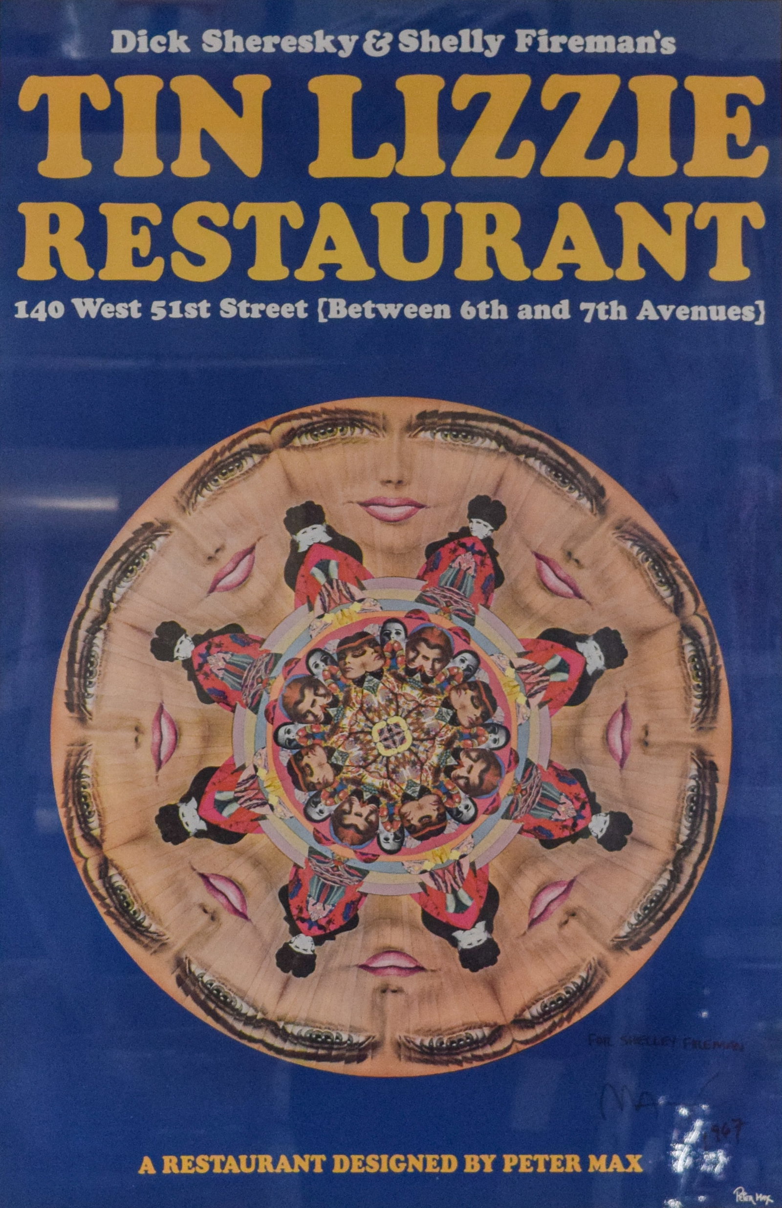 Signed Peter Max Tin Lizzie Restaurant Poster: Signed Peter Max color lithographic poster designed by Max in 1967 for the Tin Lizzie Restaurant in New York City. Signed in the lower right with a personalized inscription. 36" x 24" sight size, 40" 