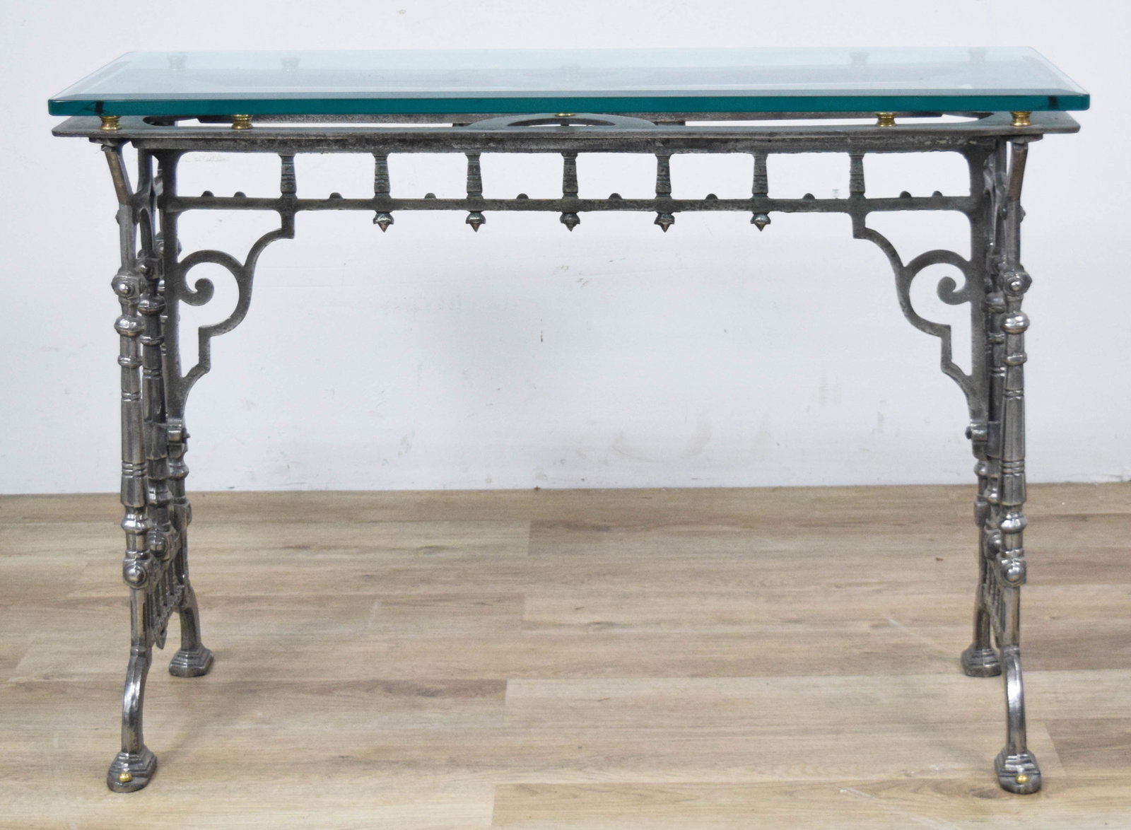 BICLAM Cast Iron and Glass Console Table, Late 19th C: BICLAM (Bennents Iron Company Limited Ardwick Manchester) cast iron and glass console table. Late 19th century cast iron frame. Glass top secured to frame with ten circular standoffs. Metal frame mark
