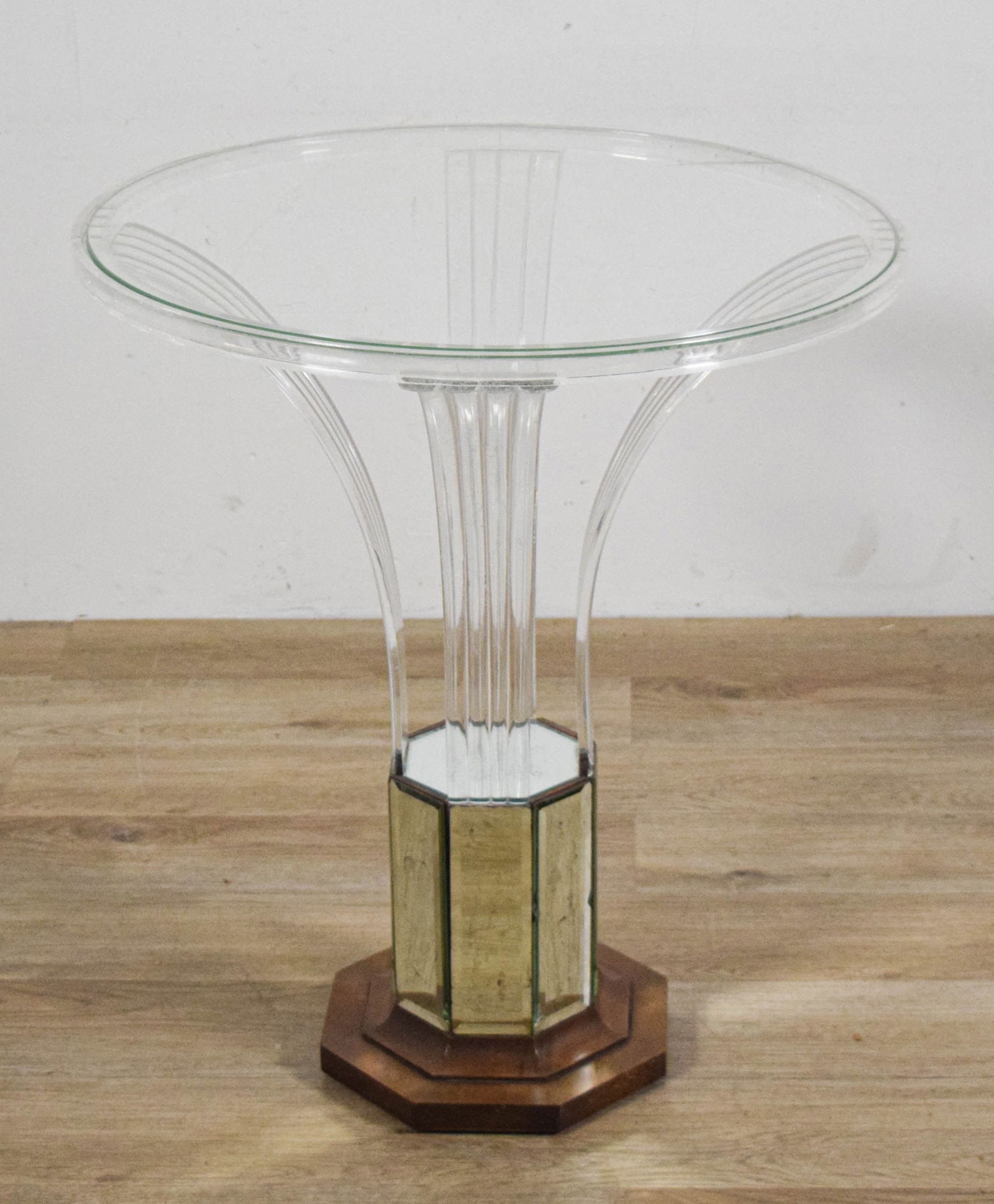 Attributed to Grosfeld House Acrylic & Glass Table: Attributed to Lorin Jackson for Grosfeld House, "Glassic" side table. Acrylic, wood and mirrored base, glass top. Unsigned. 27 1/2" H x 23 7/8" diameter. Desilvering and losses to mirrored panels, scr