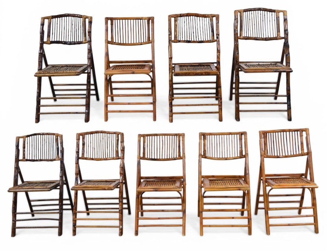 9 MCM Bamboo Folding Chairs: Set of nine Mid-Century Modern bamboo folding chairs. Frames with mottled tortoise effect and polished finish. Backrests with curved top rail and vertical bamboo splats. Unfolded 33" H x 17" W x 22" D