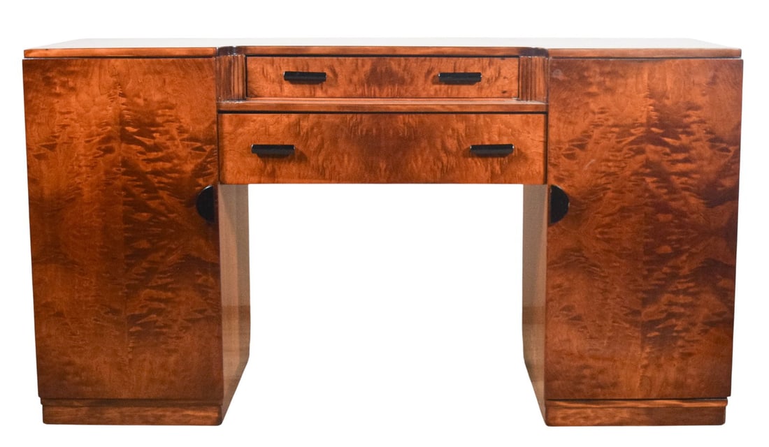 Art Deco Burled Wood Sideboard: Art deco burl wood sideboard. Two drawers, one with fitted interior; 2 cabinets with interior shelves. Unmarked. 36"H x 65 6/8"L x 22 1/8"D. Scratches to top and chip along one edge, sc