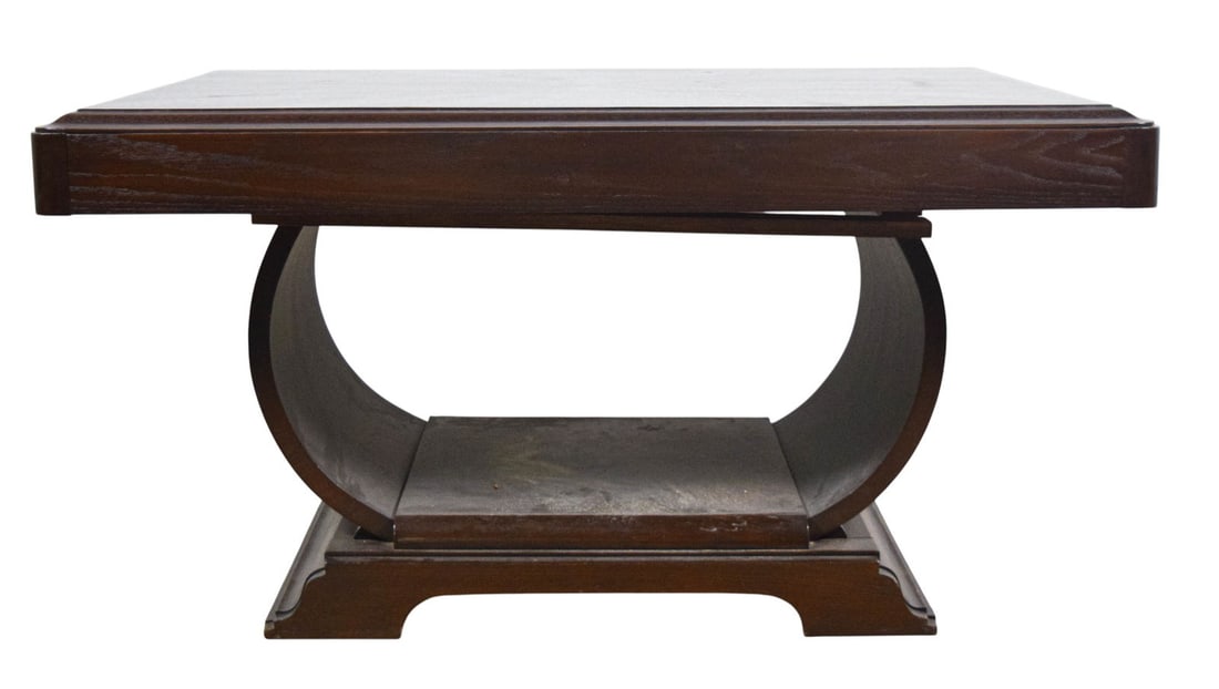 Art Deco Style Wood Dining Table: Art Deco style dining table with a rectangular top and starburst veneer pattern. Supported by pedestal base and curved supports on a tiered plinth. Tabletop is not attached to base but rests on suppor