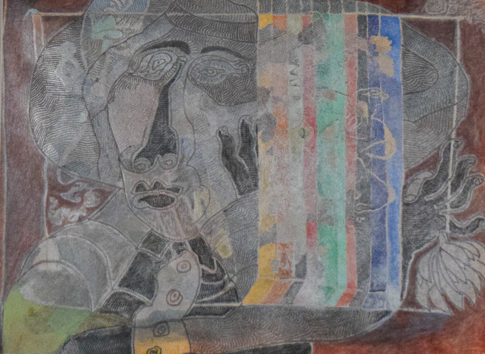 Mixed Media Abstract With Faces: Mixed media, abstract with faces. Unsigned. 17 1/4" x 23 1/4" (with frame 26" x 31 3/4"). Scratches to frame.