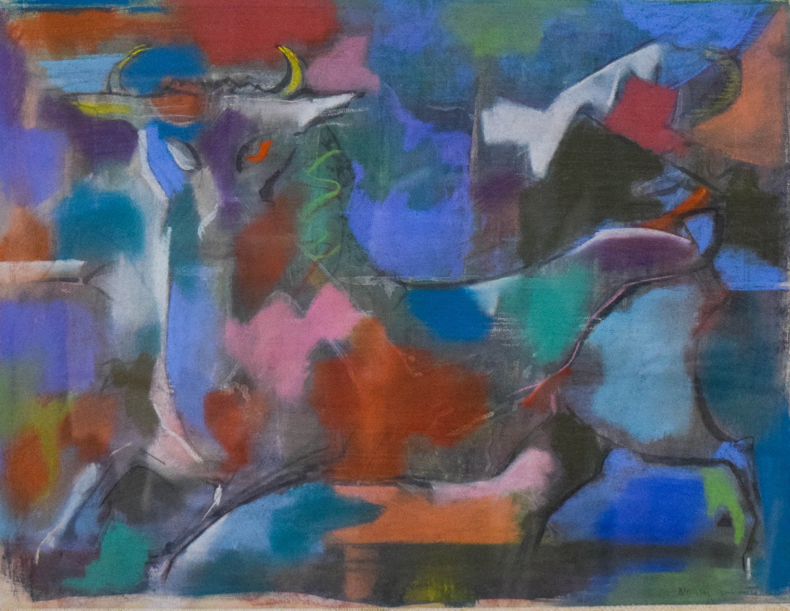 Nancy Galanter Mixed Media Solstice Bull: Nancy Galanter (20th Century). Pastel and charcoal on paper, Solstice Bull. Signed in the lower right. 10" x 25" sight size, 26" x 32" with frame.