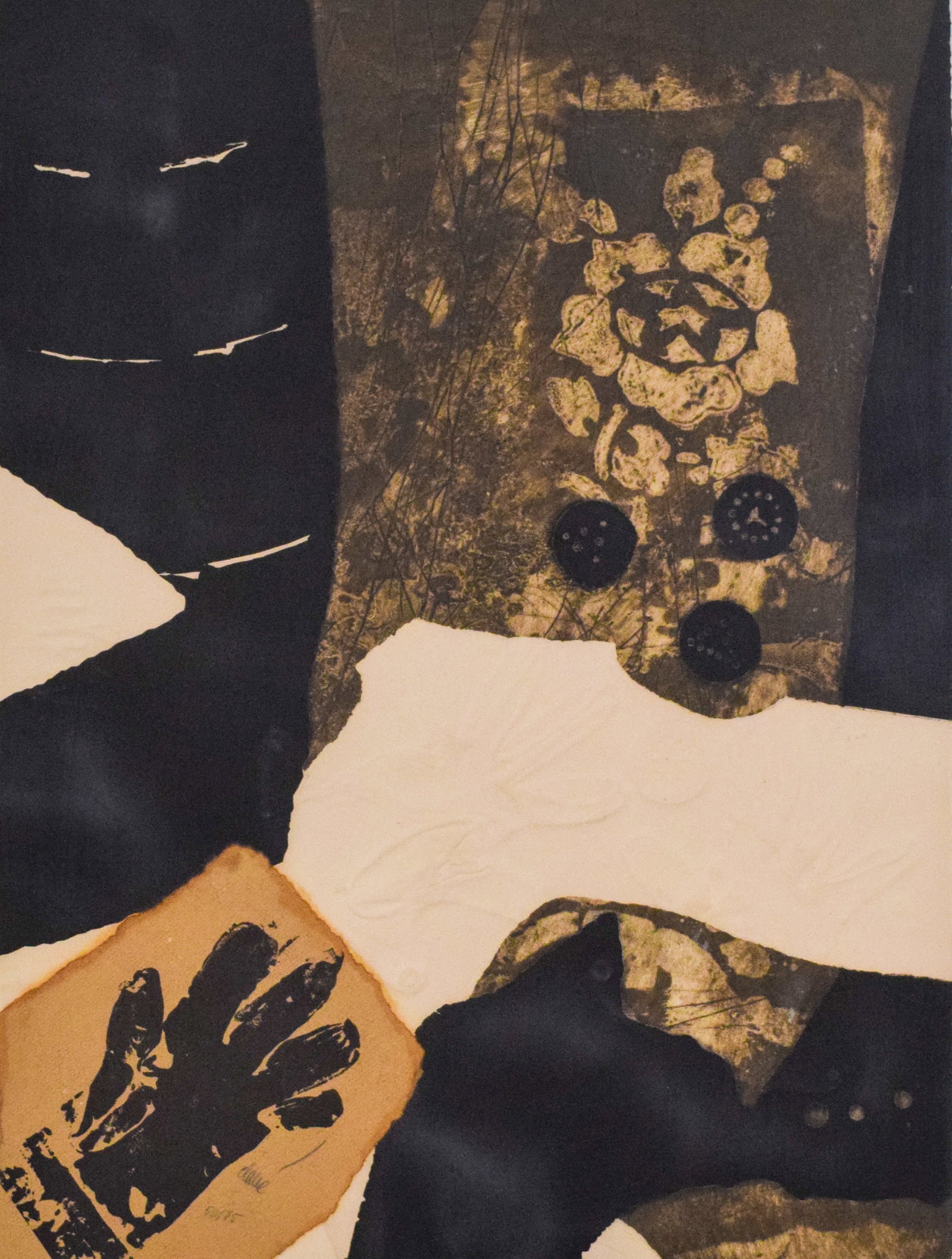 Antoni Clave Mixed Media Print Svart Handske: Antoni Clave (Spanish, 1913-2005). Mixed media print, etching and embossing. Pencil signed and numbered 50/175 lower left image area. 36 1/4 x 28 1/4 inches.