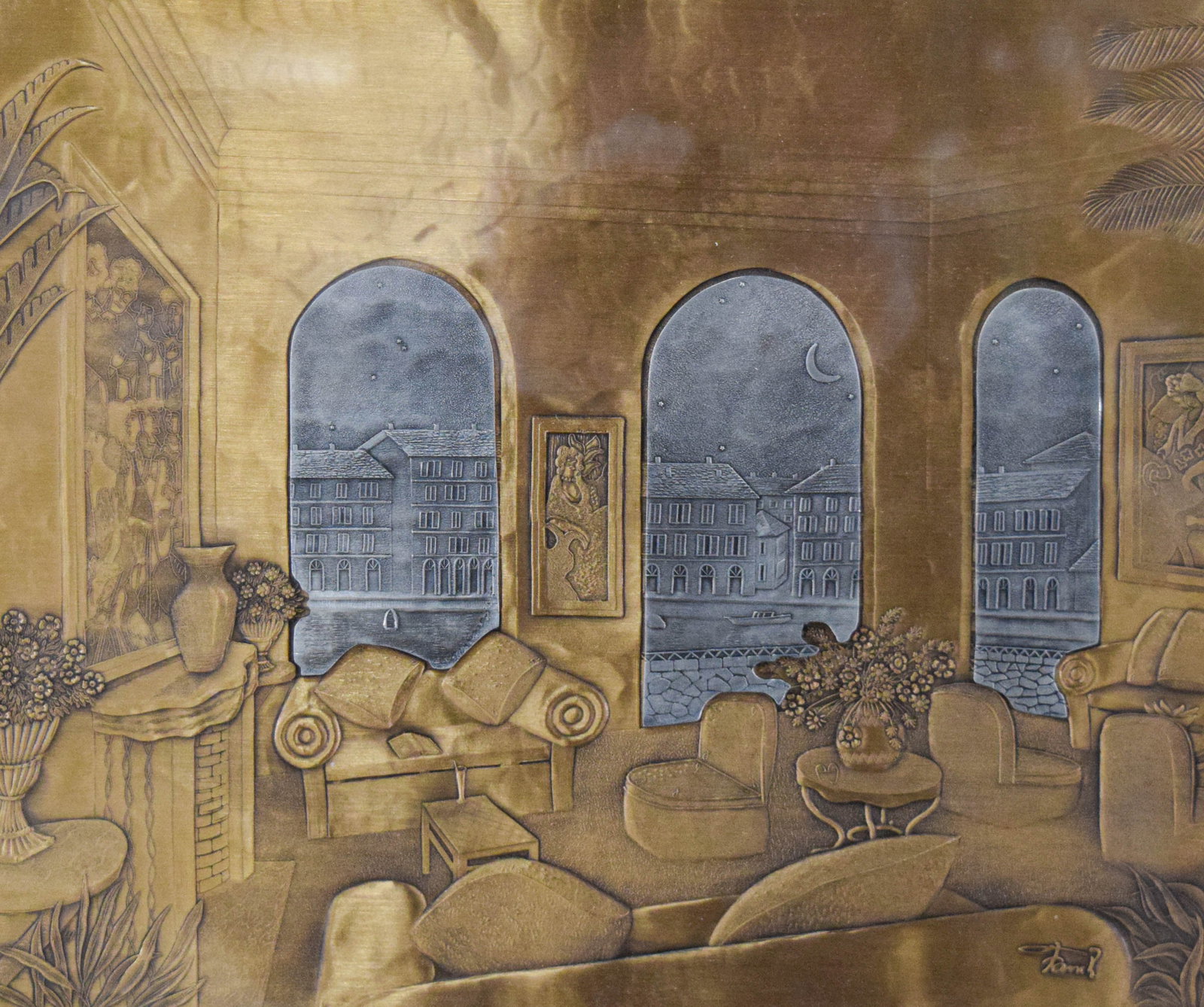 Fanch Pewter on Bronze Magical Moonlit Night: Francois Ledan "Fanch" (French, b. 1949). Pewter relief plaque, Magical Moonlit Night. Signed Fanch in the lower right. 8 1/4" x 10" sight size, 21 1/2" x 23 1/2" with frame.