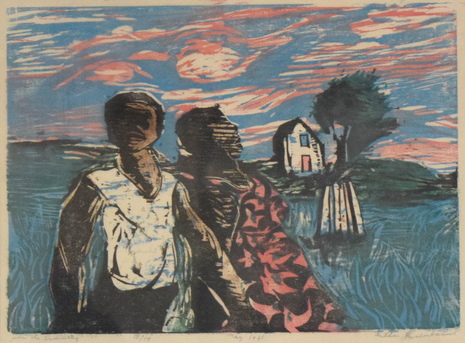 Arthur Rosenbaum Woodcut In the Evening Edition 10/14: Arthur Rosenbaum (American, b. 1938). Woodcut or relief print, In the Evening, 1961. Pencil signed lower right, titled lower left, numbered 10/14 May 1961 lower center. 12 1/2" x 16 1/4" sight size, 1