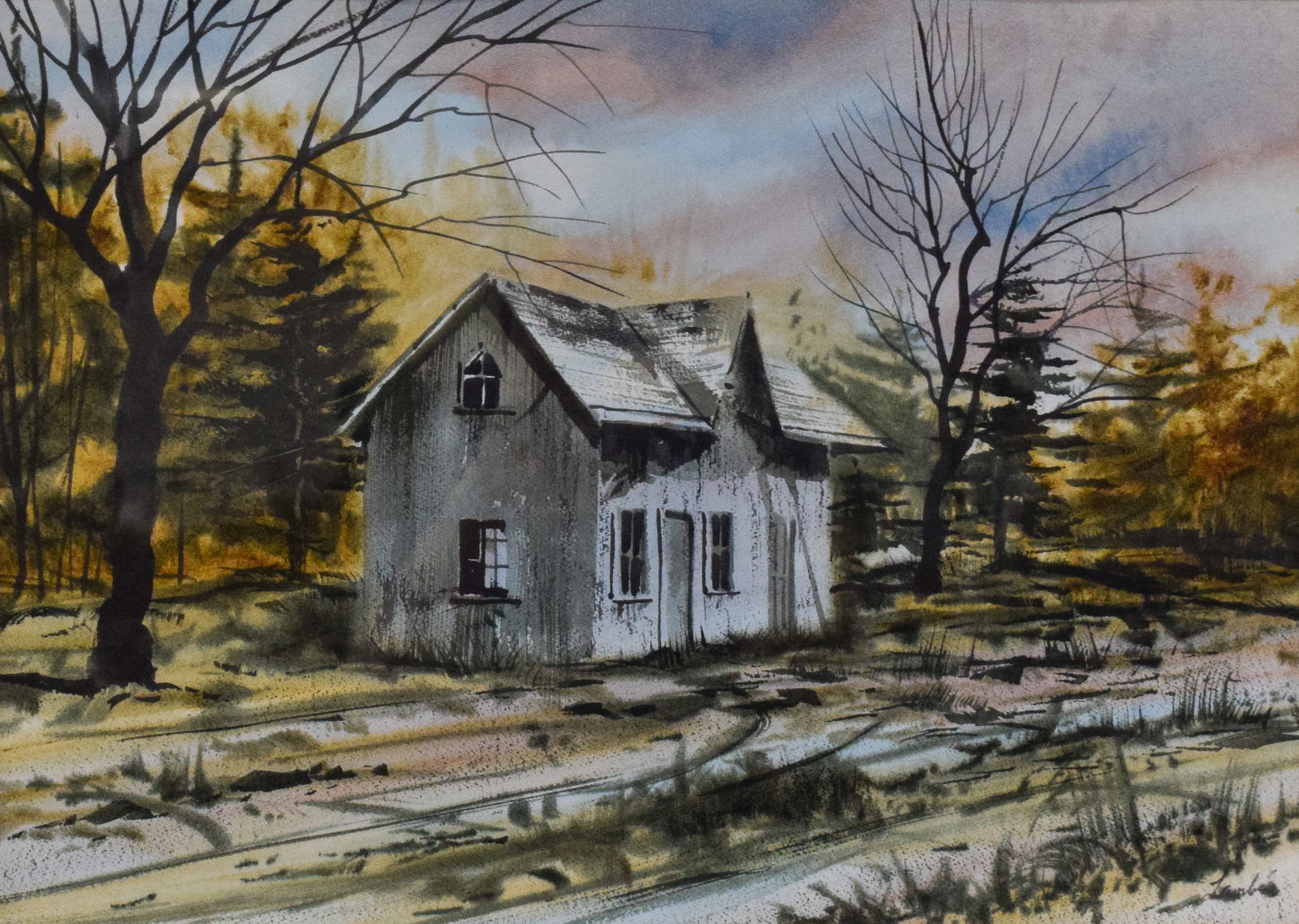 Lambe Watercolor on Paper Rural Landscape: Watercolor on paper, rural landscape. Signed Lambe in the lower right. Gallery label on verso. 14 1/2" x 21" sight size, 27" x 33" with frame.