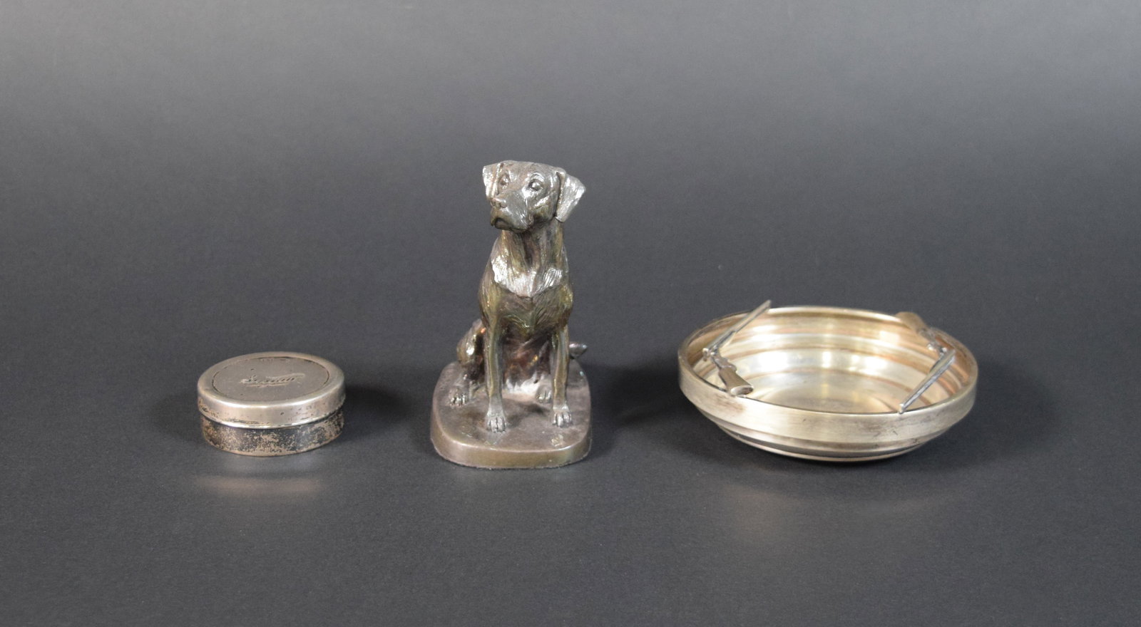 Group of 3 Silver Articles Incl Weighted Sterling Labrador Figurine: Group of three silver articles. The first is a Camelot Silver weighted sterling labrador figurine signed Donaldson on the base with several hallmarks: maker CS, 925, lion passant, and date letter D. T