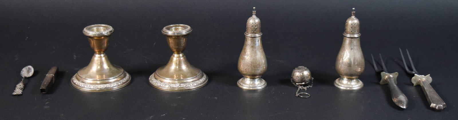 9 Sterling Silver & Mixed Metal Utility Items: Group of nine sterling silver and mixed metal utility items. Pair of International Sterling weighted candlesticks in the Prelude pattern; pair of International Sterling salt and pepper shakers in the 