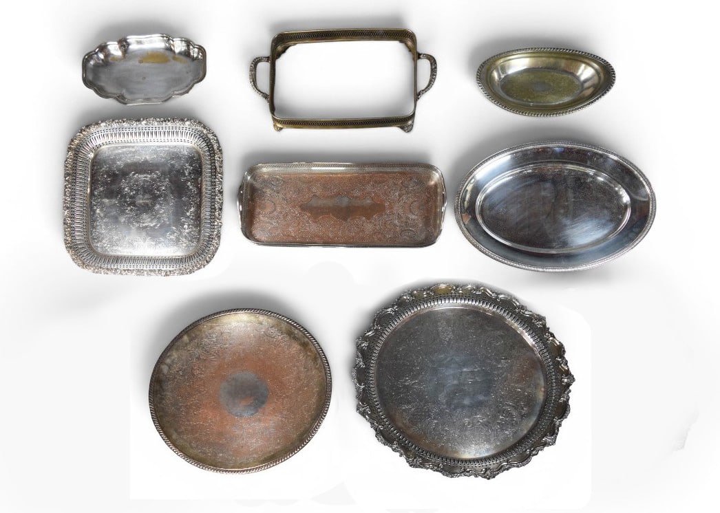 Group of 8 Silver-Plated Serving Trays and Dishes: Group of eight silver-plated serving trays and dishes. Includes a large oval Christofle tray; a large Webster square footed tray with a central engraved monogram R; an oval tray with handles; a long r