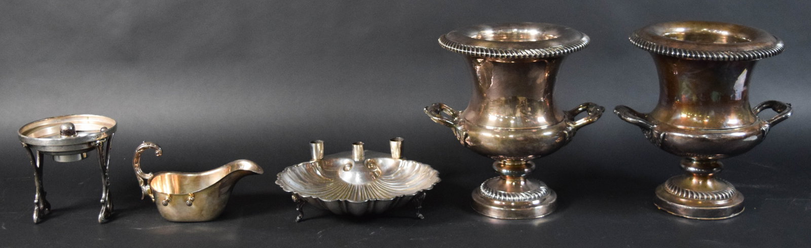 4 American Silver-Plated Table Articles: Four American silver-plated table articles, mostly mid-20th century. One Gravy Train sauce boat by English Silver Manufacturing Co of Brooklyn, New York. One shell-form footed dish by Weidlich Brother