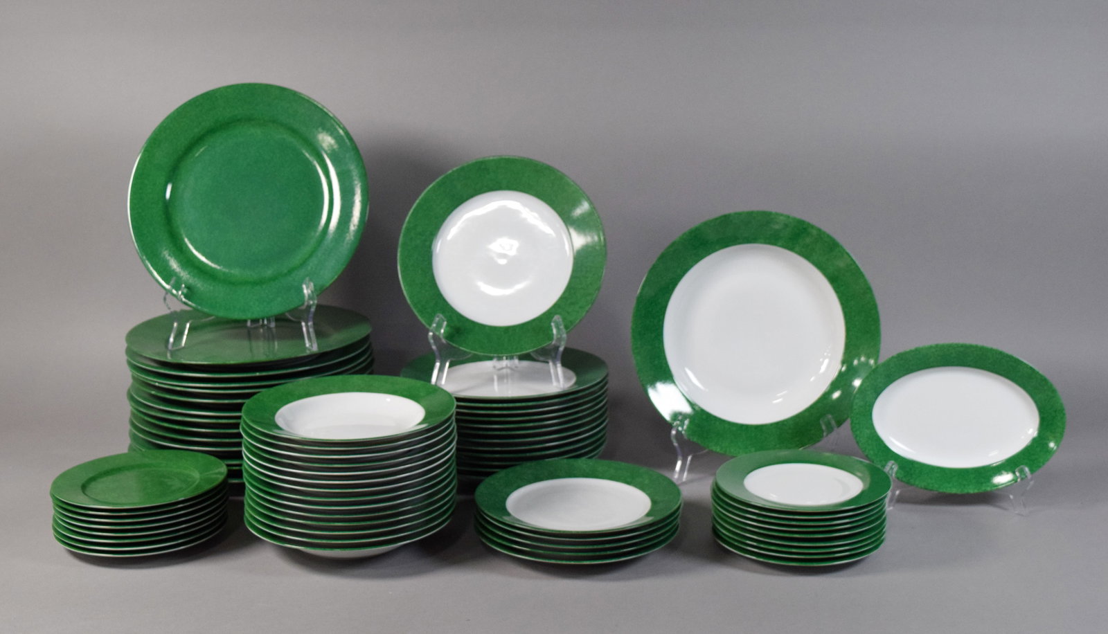 66 Pieces Laure Japy Limoges Les Mouchet?©s Dinnerware: Group of 66 porcelain dinnerware items in the Les Mouchet?©s pattern by Laure Japy for Limoges. Includes dinner plates, salad plates, soup bowls, bread and butter plates, side plates or saucers, larg