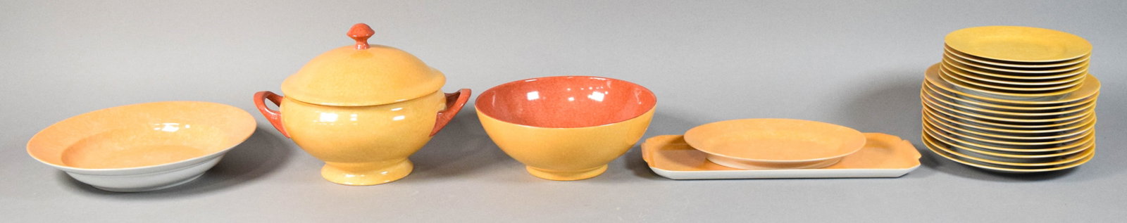 24 Pieces Laure Japy Limoges Ravenne Dinnerware: Group of 24 porcelain dinnerware items in the Ravenne pattern by Laure Japy for Limoges. Includes a covered tureen, a large serving bowl, a rectangular platter, an oval platter, 11 dinner plates, and 