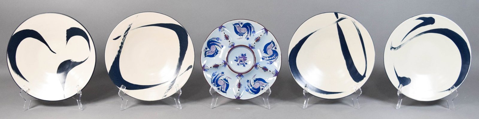 Group of 5 MCM Ceramic Tableware Items Incl Alice Mallory and Royal Copenhagen: Group of five mid-century modern ceramic items, featuring four studio pottery bowls by Alice Mallory and one divided serving dish by Royal Copenhagen. The four Alice Mallory bowls are shallow circular