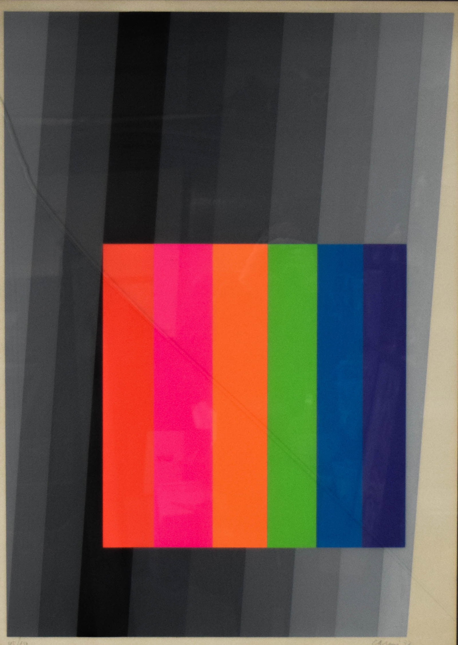 Eugenio Carmi Serigraph Geometric Abstraction: Eugenio Carmi (Italian, 1920-2016). Serigraph, geometric abstraction, dated 1972. Pencil signed and dated Carmi 72 in the lower right. Numbered 45/150 in the lower left. 33" x 23 1/2" sight size, 40" 