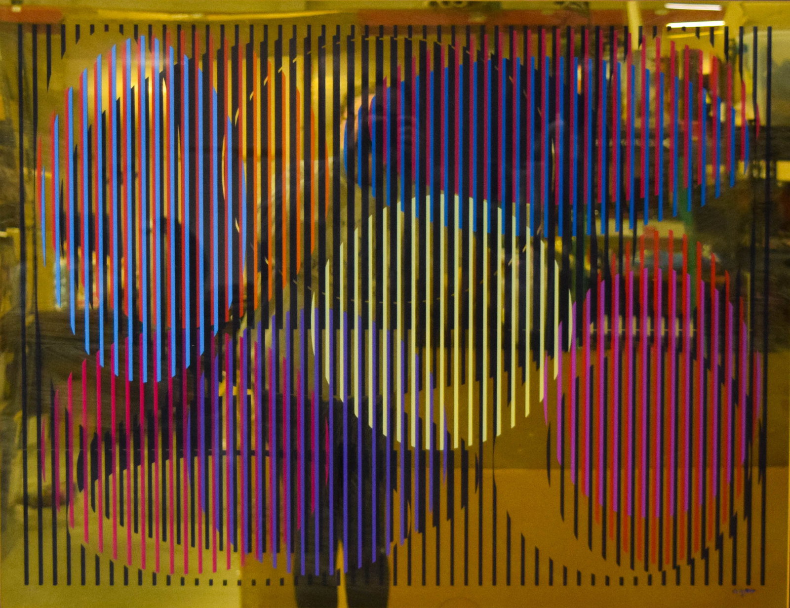 Yaacov Agam Kinetic Screenprint on Gold Metallic Surface: Yaacov Agam (Israeli, b. 1928). Kinetic screenprint on gold metallic surface. Signed in blue ink lower right. Gallery label on verso. 30 1/4" x 39" with frame.