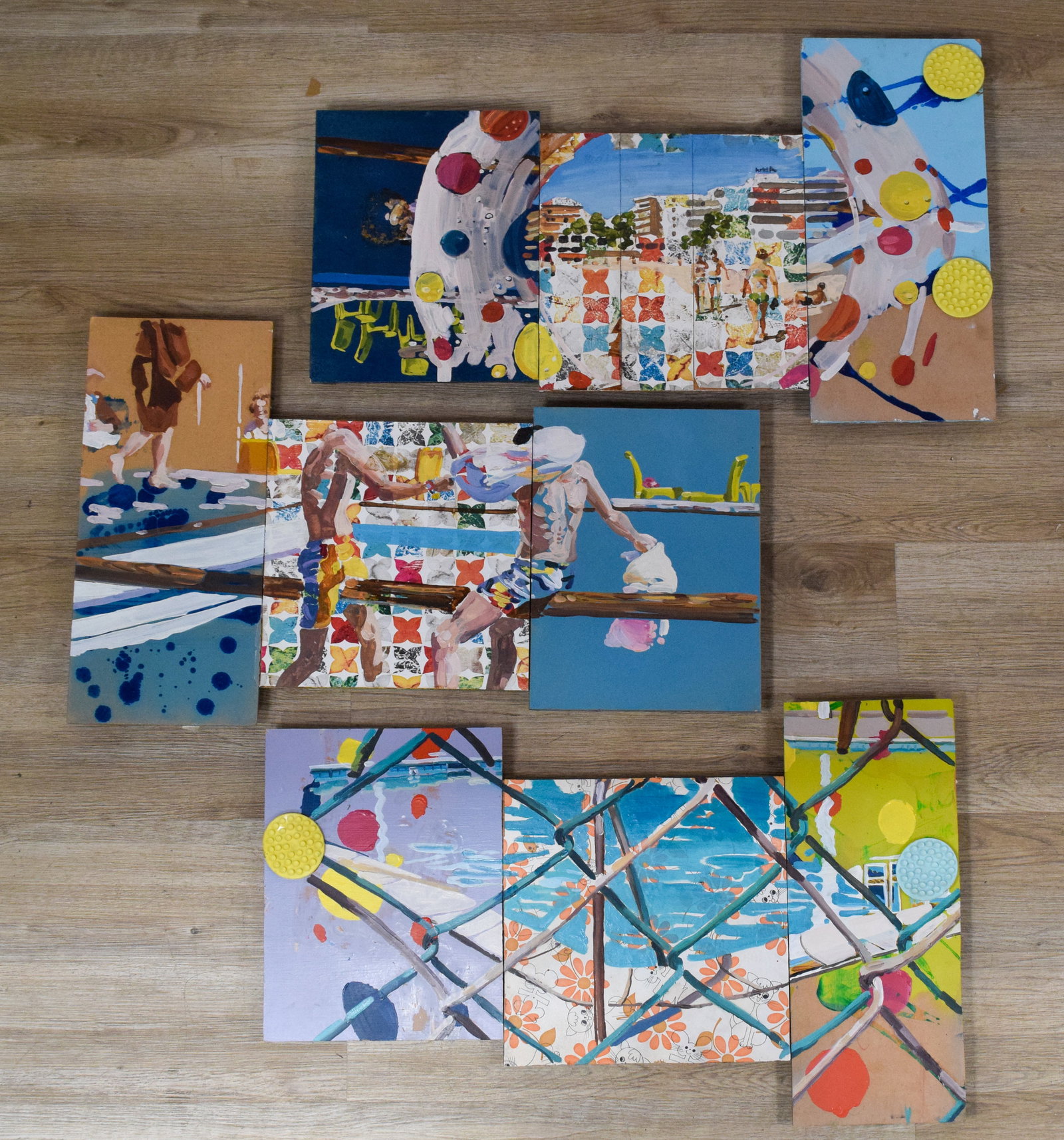 Jake Clark Group of 3 Mixed Media Works: Jake Clark (Australian, b. 1985). Three mixed media works including Ring (1994), Pole (1999), and Fence (1999). Composite boards joined with wooden slats. Oil paint, vinyl, and assemblage elements. Ea