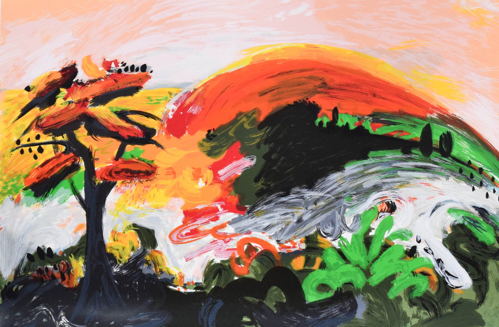Yehouda Chaki Lithograph Abstract Expressionist Landscape: Yehouda Chaki (Greek/Canadian, 1938-2023). Lithograph on heavy paper, abstract expressionist landscape. Pencil signed lower right and numbered 70/120 lower left. 38 x 30 1/4 inches. Location C.R.