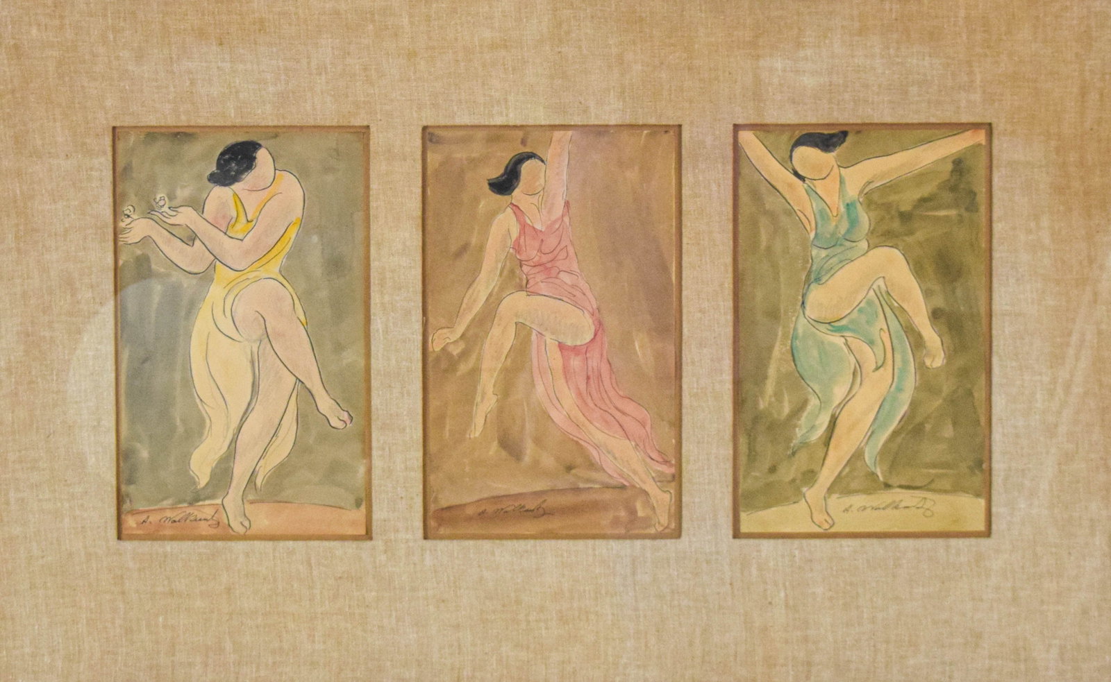 Abraham Walkowitz Three Studies of Isadora Duncan: Abraham Walkowitz (American, 1878-1965). Watercolor on paper, three studies of Isadora Duncan. Each signed A. Walkowitz in the lower margin. Individual watercolor sheets 13 3/4 x 8 1/4 inches. Overall