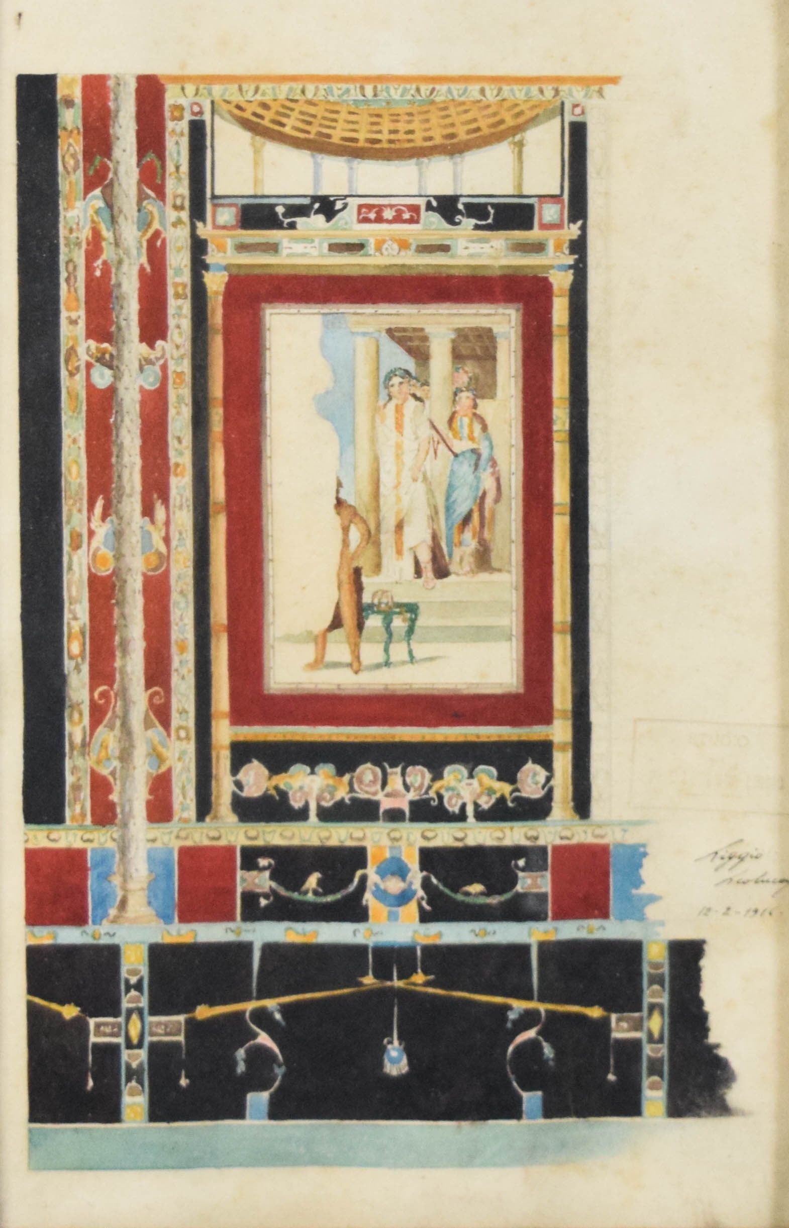 Watercolor and Gouache Study of Roman Wall Decoration, 1916: Watercolor and gouache study of a Roman Fourth Style wall decoration. Signed and dated 12-2-1916 in the lower right. Stamped Studio del Leoluca Liggio. 14 1/2" x 9 1/2" sight size, 16 1/2" x 11 1/2" w