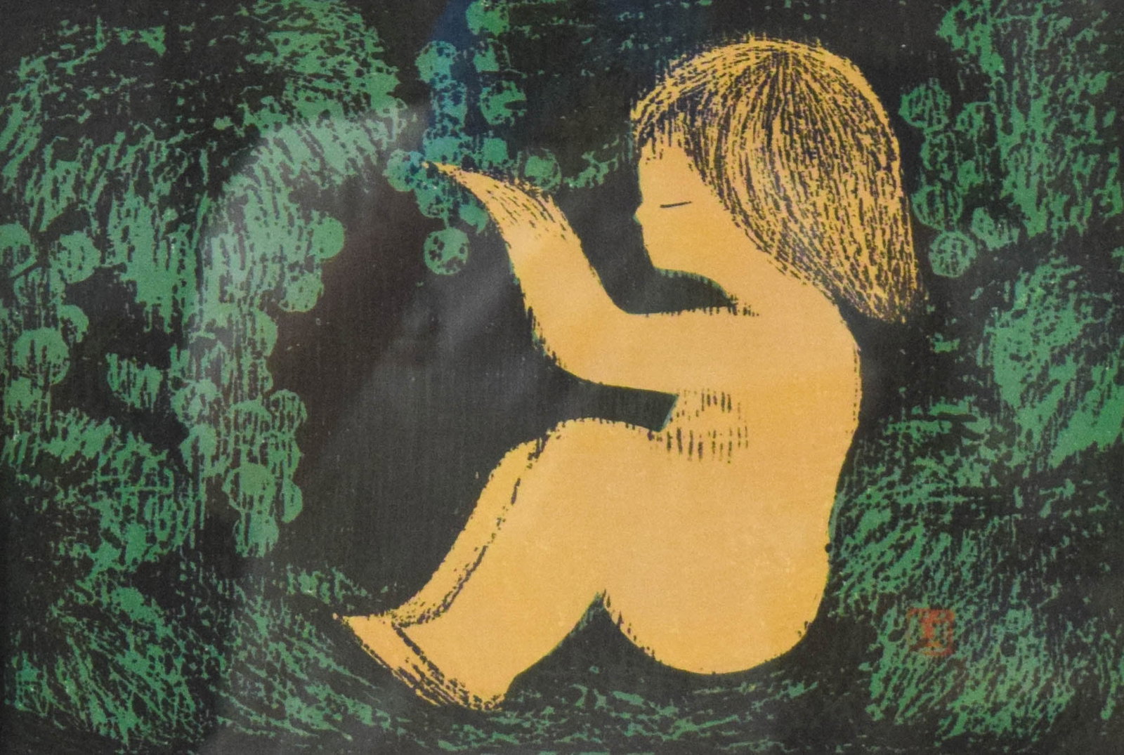 Kaoru Kawano Woodblock Child in Garden (1 of 7)
