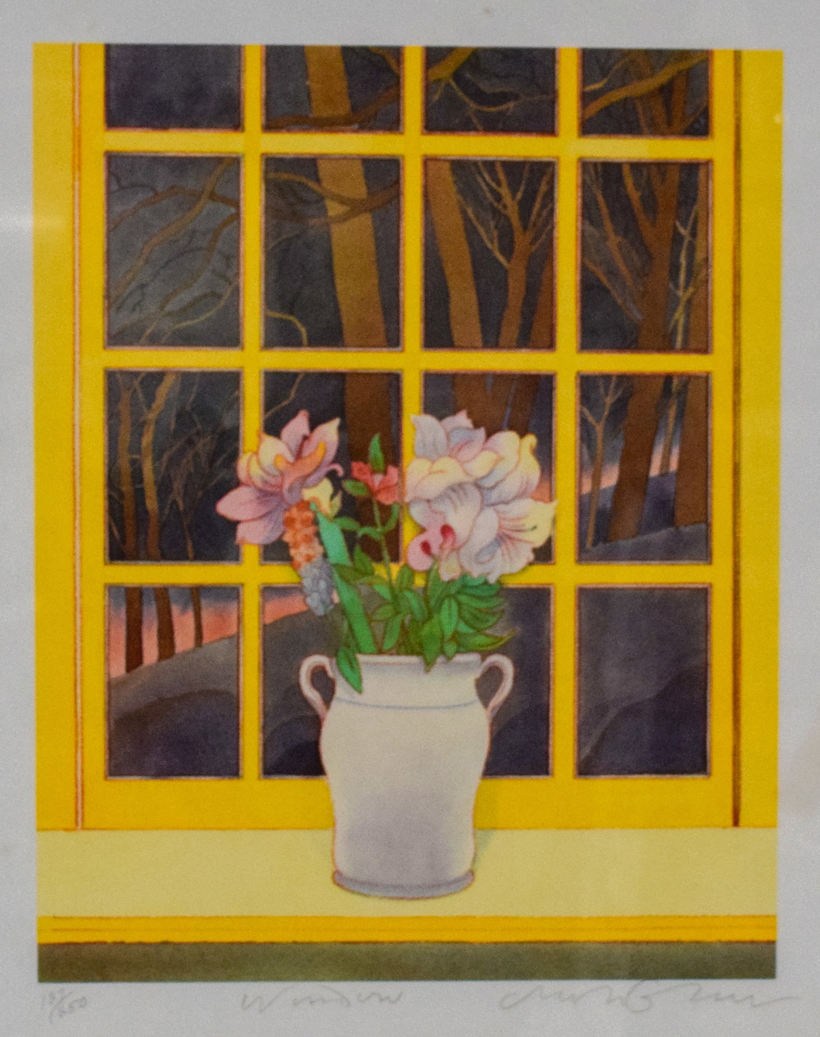Milton Glaser Lithograph Flowers in Window: Milton Glaser (American, 1929-2020). Lithograph, Window. Pencil signed in the lower right and numbered 127/250 in the lower left. 15 1/2" x 12 1/4" sight size, 21 3/4" x 17 3/4" with frame.